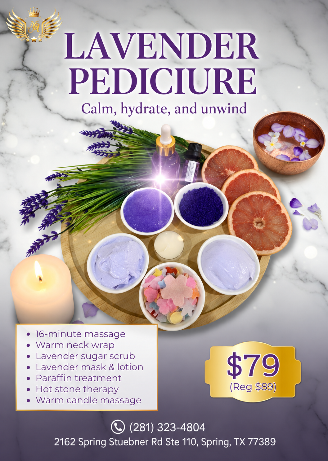 Lavender Pedicure special for $79, regular price $89